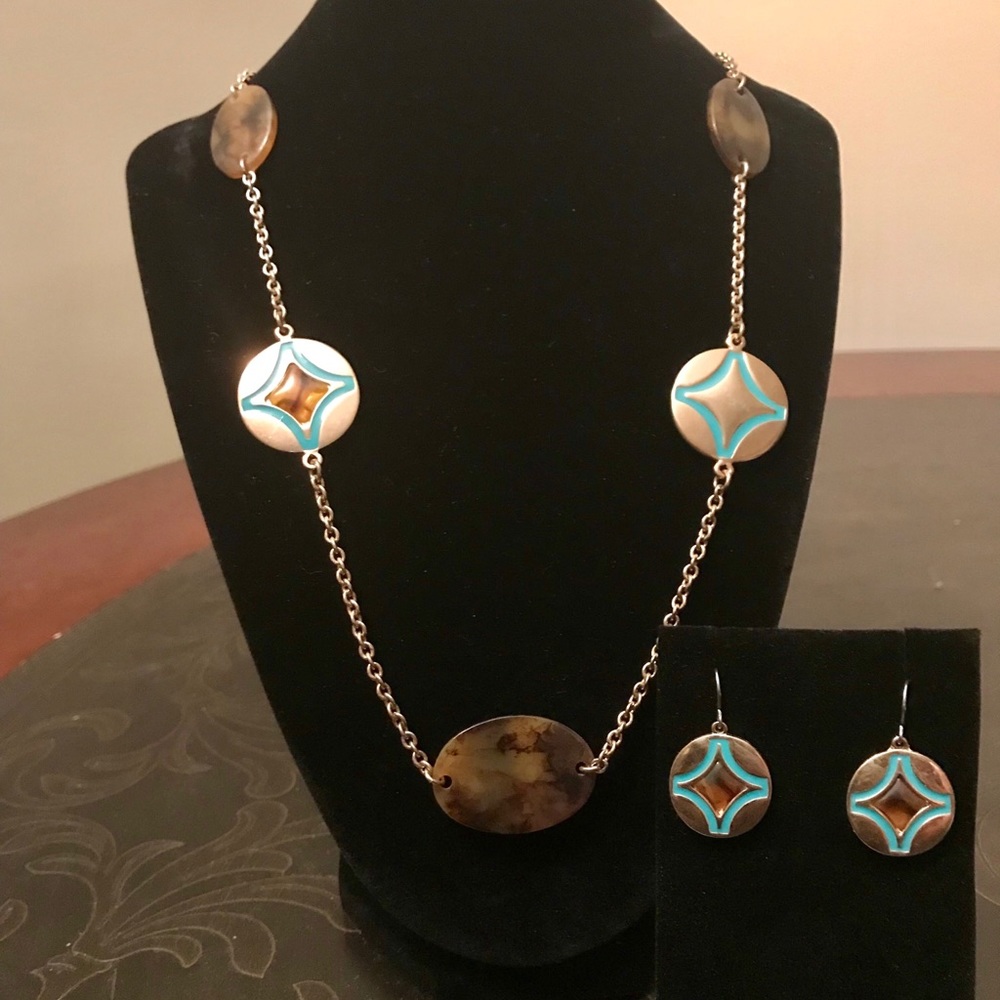 Tortoise and turquoise necklace and earring set